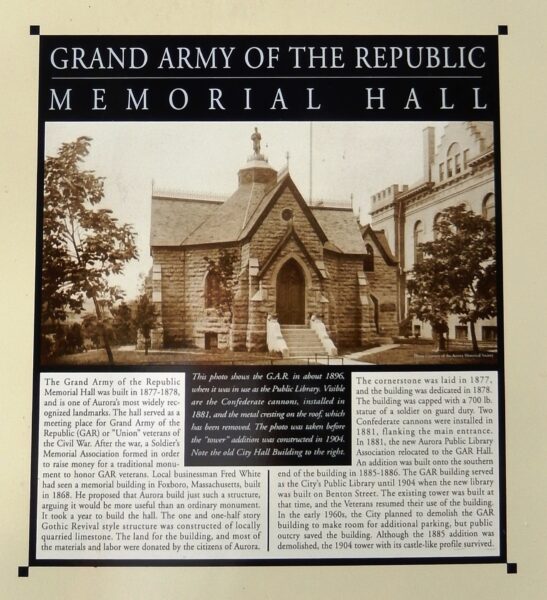 AURORA GRAND ARMY OF THE REPUBLIC MEMORIAL HALL PLAQUE